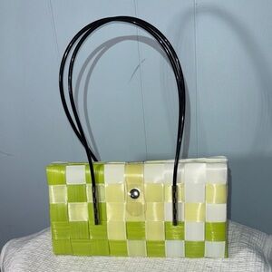 Stylish Green and White Woven Handbag
